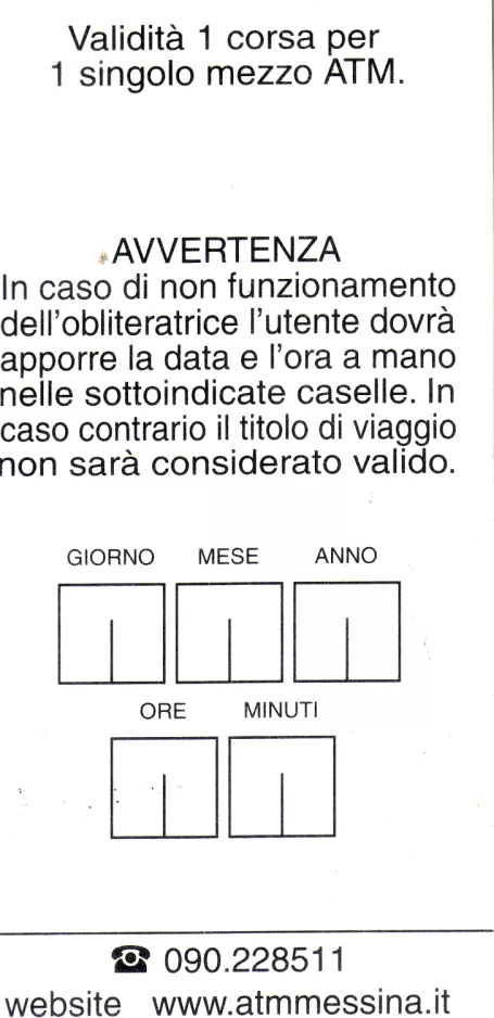 Voksenbillet til Azienda Trasporti Messina (ATM), bagsiden (2009)