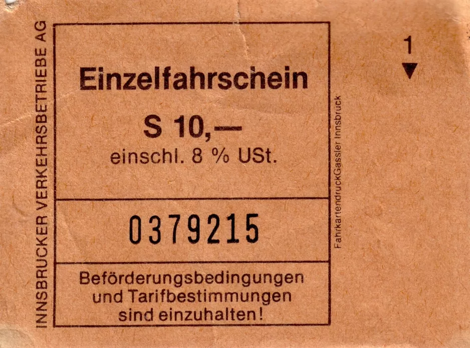 Voksenbillet til Innsbrucker Verkehrsbetriebe (IVB) (1982)