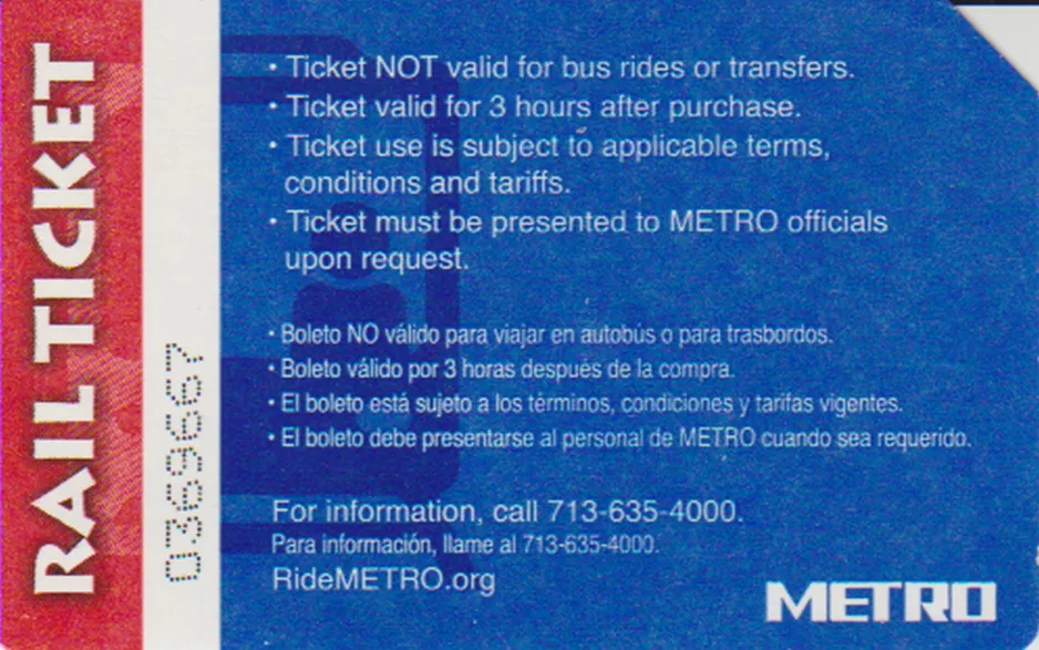 Voksenbillet til Metropolitan Transit Authority of Harris County (METROrail), bagsiden (2018)