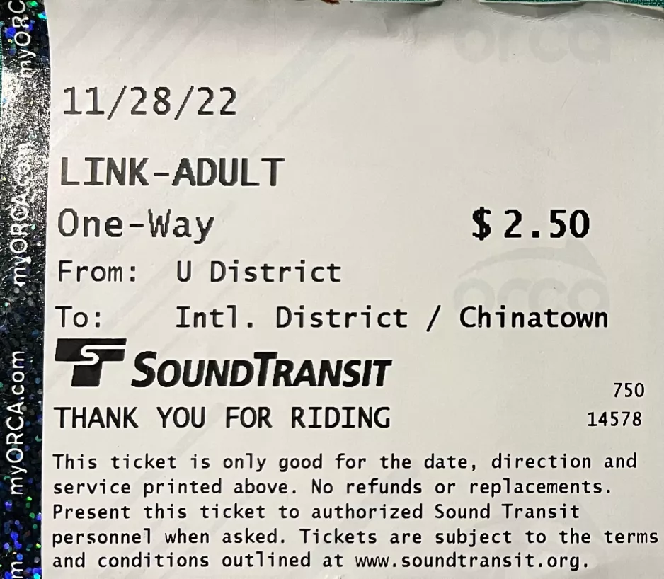 Voksenbillet til SoundTransit, forsiden (2022)