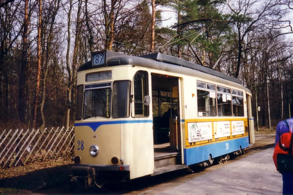 Woltersdorf sporvognslinje 87 med motorvogn 28 ved Rahnsdorf (1994)