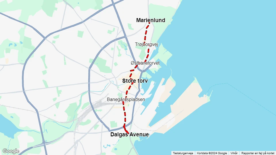 Aarhus sporvognslinje 1: Marienlund - Dalgas Avenue linjekort