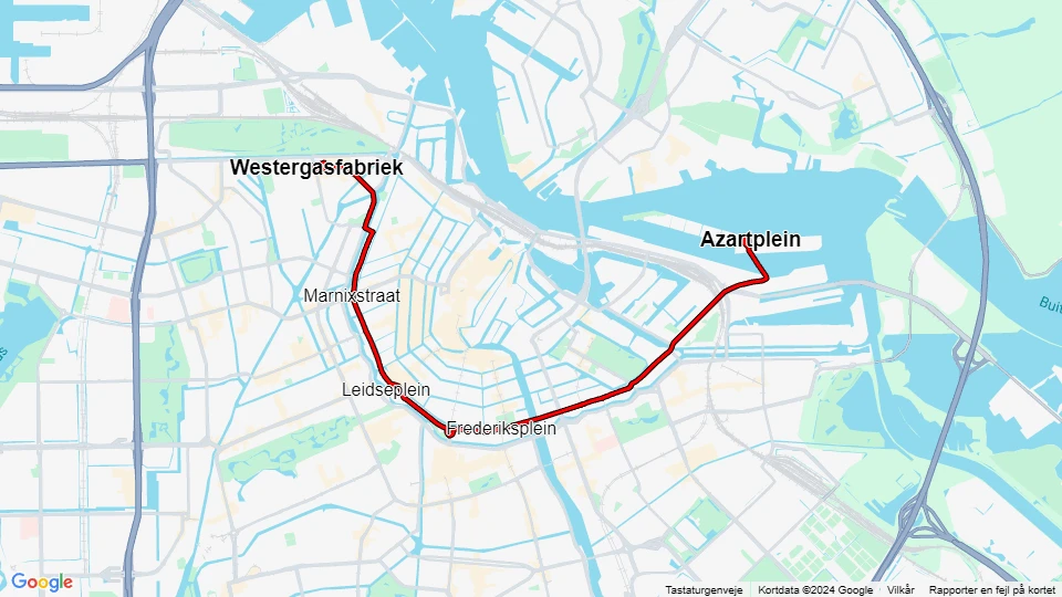 Amsterdam sporvognslinje 10: Westergasfabriek - Azartplein linjekort