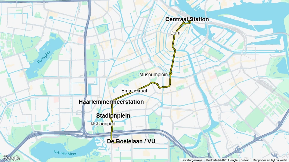 Amsterdam sporvognslinje 16: Centraal Station - De Boelelaan / VU linjekort