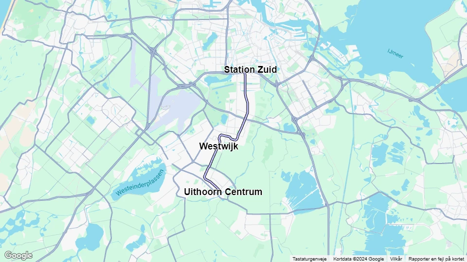 Amsterdam sporvognslinje 25: Uithoorn Centrum - Station Zuid linjekort