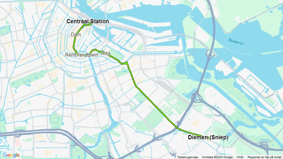 Amsterdam sporvognslinje 9: Centraal Station - Diemen (Sniep) linjekort