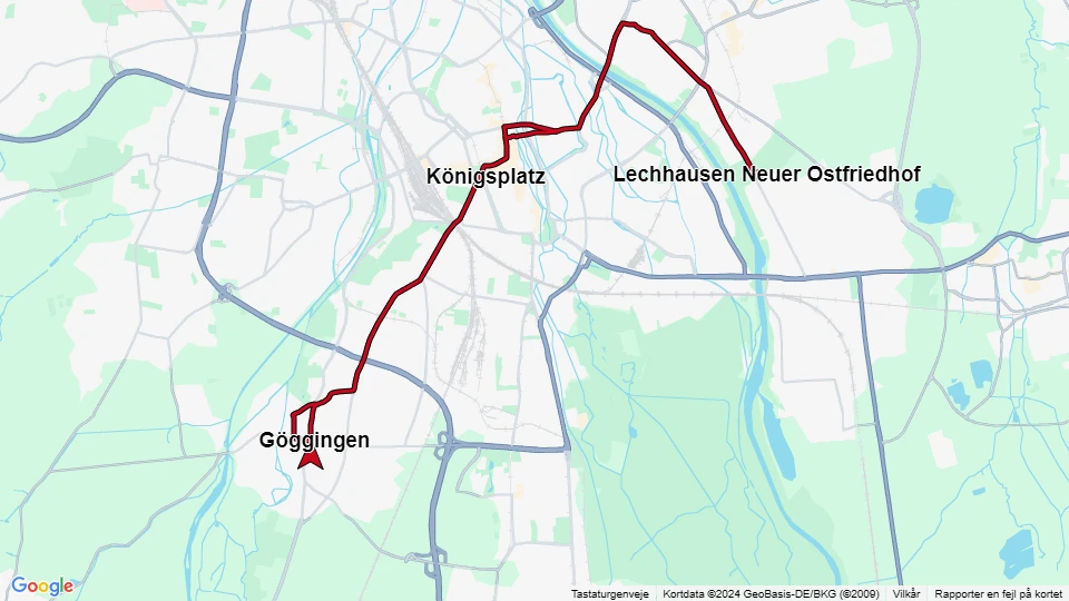 Augsburg sporvognslinje 1: Lechhausen Neuer Ostfriedhof - Göggingen linjekort