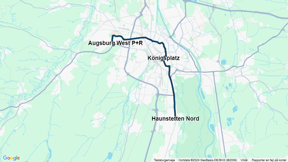 Augsburg sporvognslinje 2: Haunstetten Nord - Augsburg West P+R linjekort