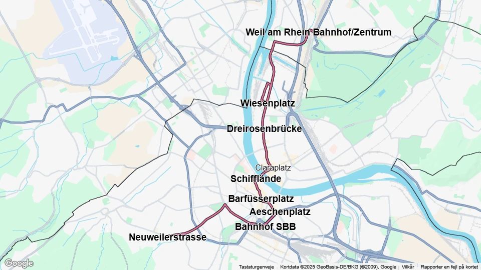 Basel sporvognslinje 8: Weil am Rhein Bahnhof/Zentrum - Neuweilerstrasse linjekort