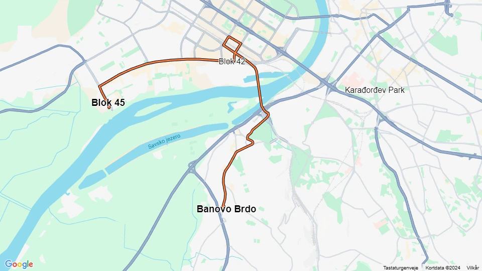 Beograd sporvognslinje 13: Blok 45 - Banovo Brdo linjekort