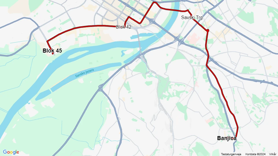 Beograd sporvognslinje 9: Blok 45 - Banjica linjekort