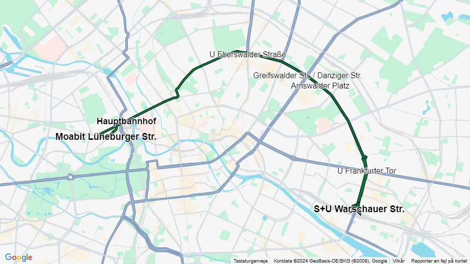 Berlin hurtiglinje M10: Moabit Lüneburger Str. - S+U Warschauer Str. linjekort