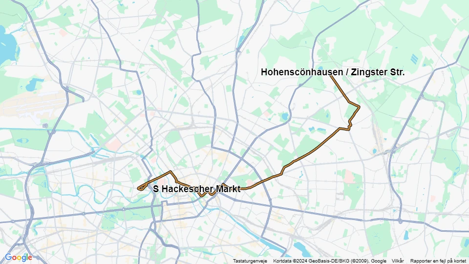 Berlin hurtiglinje M5: Hohenscönhausen / Zingster Str. - Moabit Lüneburger Str. linjekort