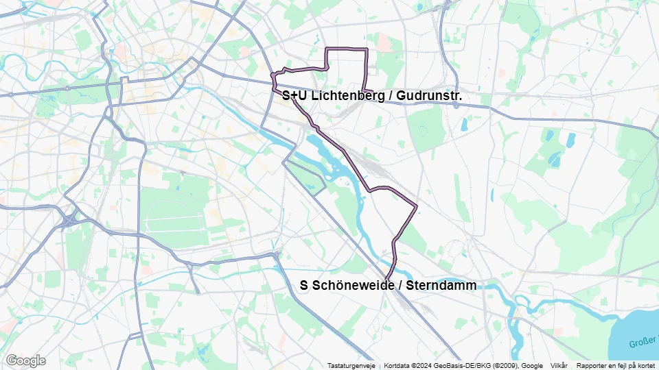 Berlin sporvognslinje 21: S+U Lichtenberg / Gudrunstr. - S Schöneweide / Sterndamm linjekort