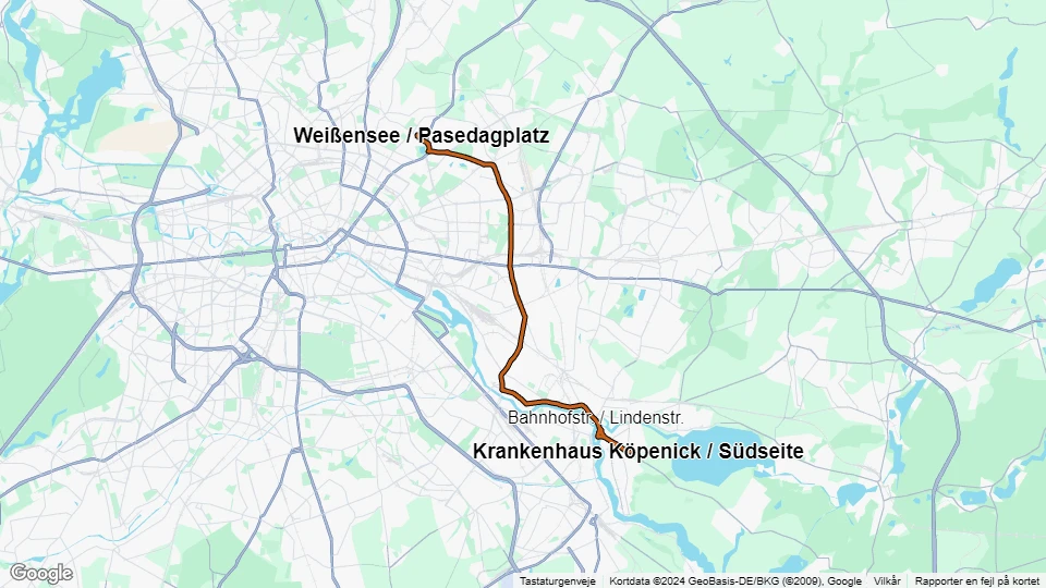 Berlin sporvognslinje 27: Weißensee / Pasedagplatz - Krankenhaus Köpenick / Südseite linjekort