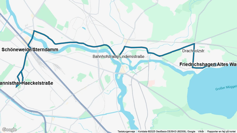 Berlin sporvognslinje 60: Johannisthal Haeckelstraße - Friedrichshagen Altes Wasserwerk linjekort