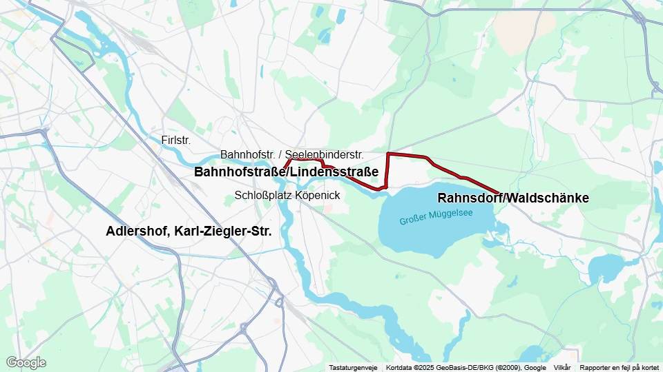Berlin sporvognslinje 61: Bahnhofstraße/Lindensstraße - Rahnsdorf/Waldschänke linjekort