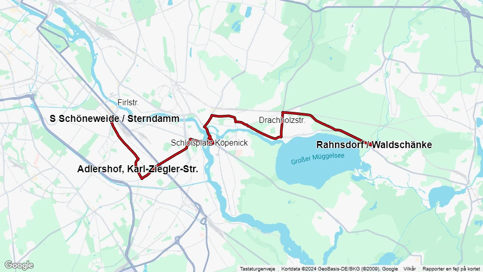 Berlin sporvognslinje 61: S Schöneweide / Sterndamm - Rahnsdorf / Waldschänke linjekort