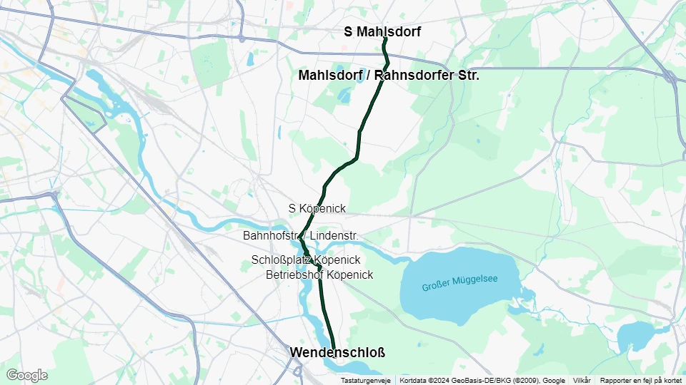 Berlin sporvognslinje 62: Wendenschloß - S Mahlsdorf linjekort