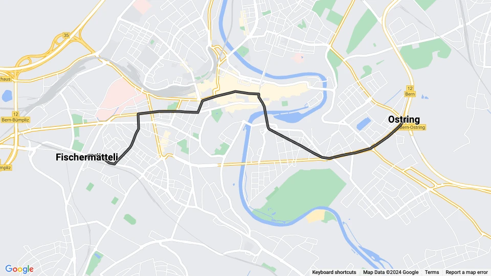 Bern sporvognslinje 5: Fischermätteli - Ostring linjekort