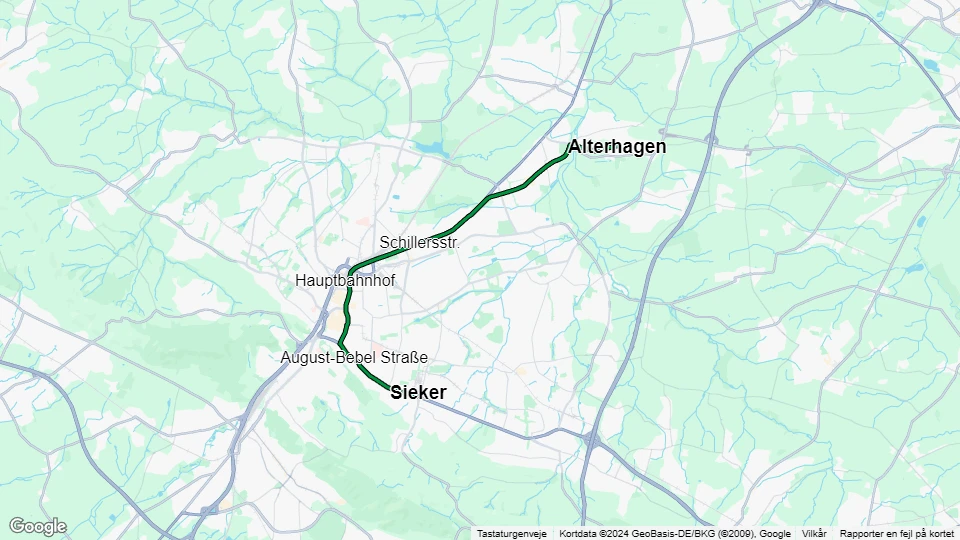 Bielefeld sporvognslinje 2: Sieker - Alterhagen linjekort