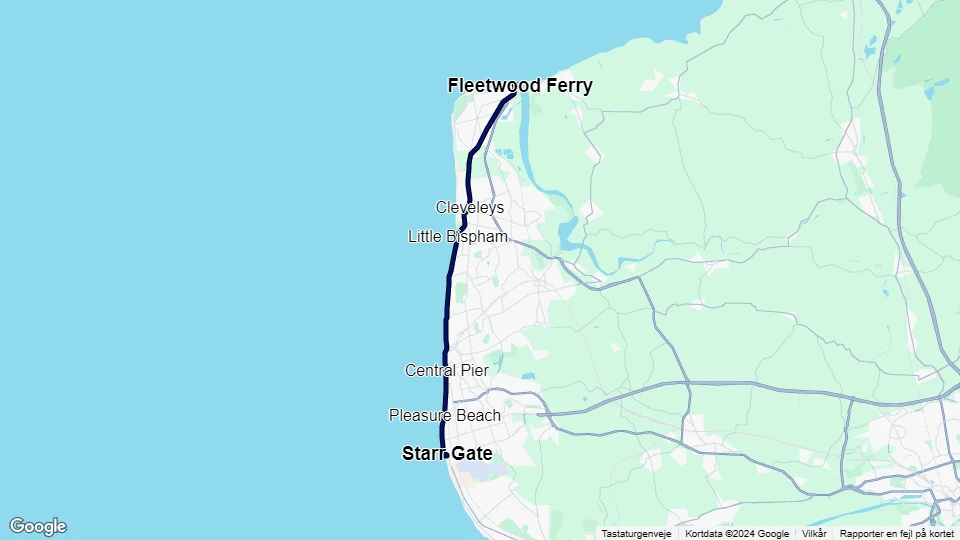 Blackpool sporvognslinje T1: Fleetwood Ferry - Starr Gate linjekort