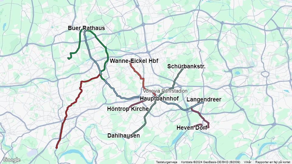 Bochum-Gelsenkirchener Straßenbahnen (BOGESTRA) linjekort