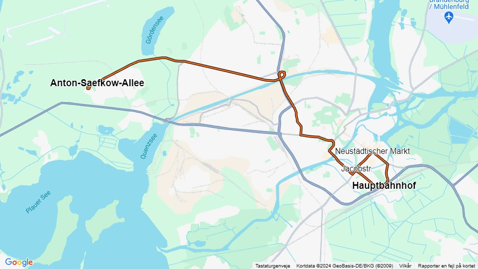 Brandenburg an der Havel sporvognslinje 1: Hauptbahnhof - Anton-Saefkow-Allee linjekort