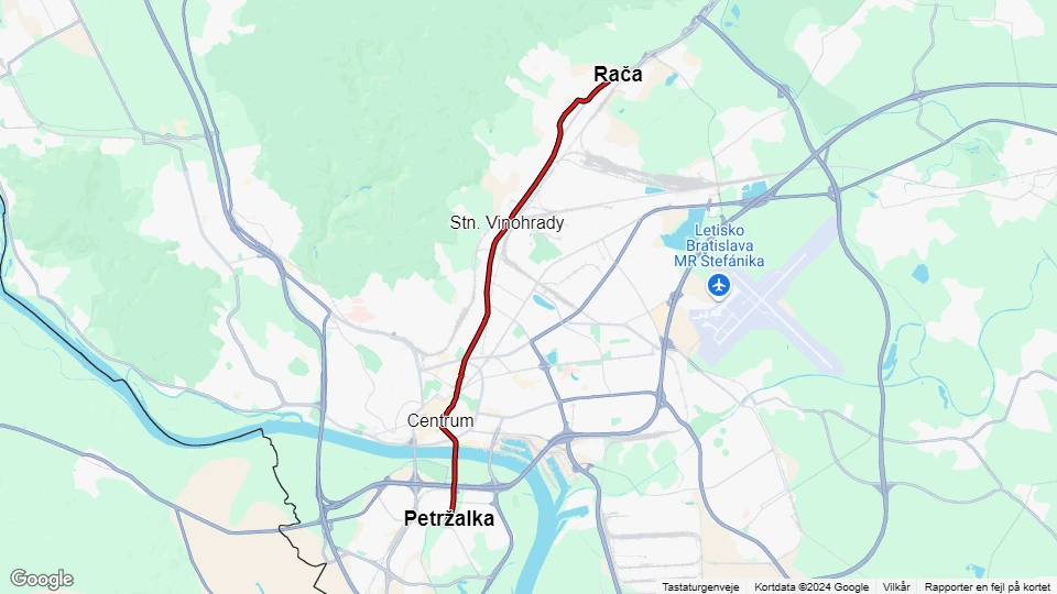 Bratislava sporvognslinje 3: Rača - Petržalka linjekort