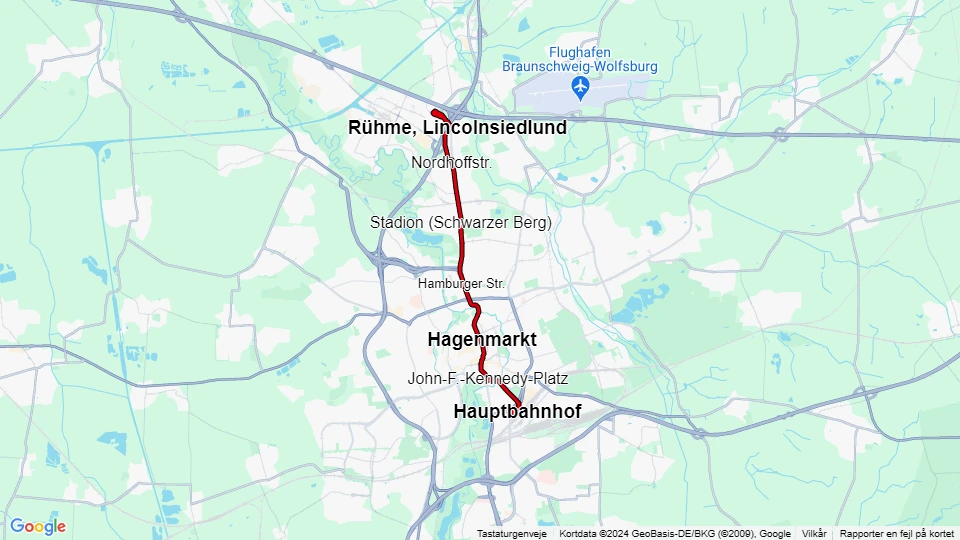 Braunschweig ekstralinje 10: Hauptbahnhof - Rühme, Lincolnsiedlund linjekort