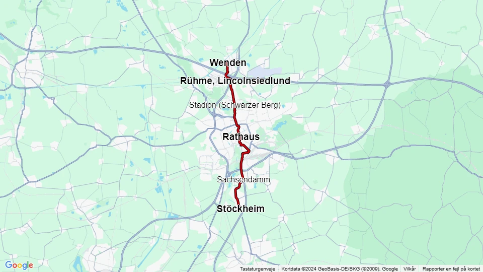 Braunschweig sporvognslinje 1: Stöckheim - Wenden linjekort