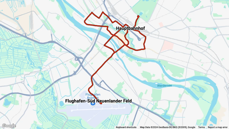 Bremen 15 Stadtrundfahrt: Hauptbahnhof - Flughafen-Süd Neuenlander Feld linjekort