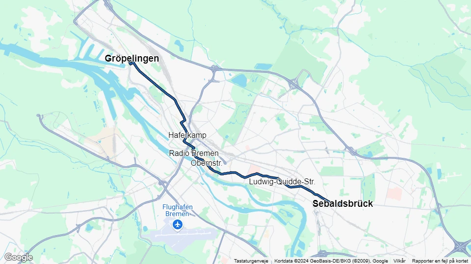 Bremen sporvognslinje 2: Sebaldsbrück - Gröpelingen linjekort