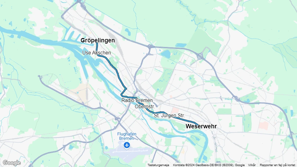 Bremen sporvognslinje 3: Gröpelingen - Weserwehr linjekort