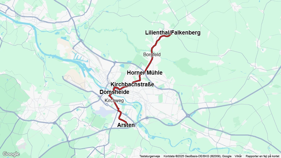 Bremen sporvognslinje 4: Arsten - Lilienthal/Falkenberg linjekort