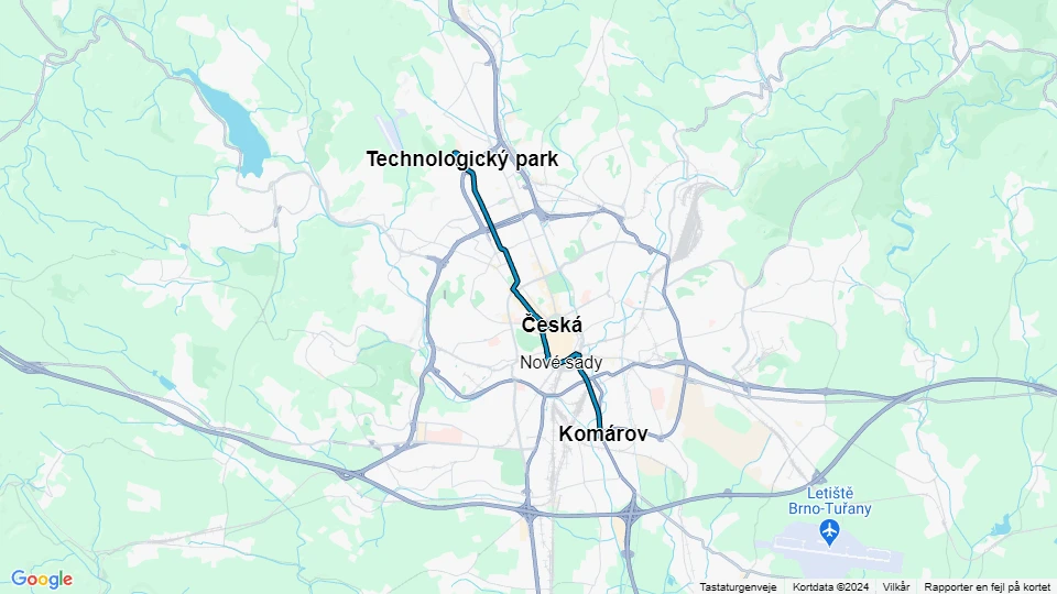 Brno sporvognslinje 12: Komárov - Technologický park linjekort