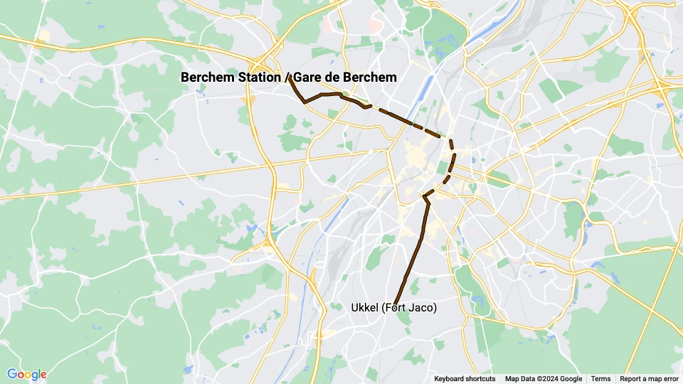 Bruxelles sporvognslinje 10: Berchem Station / Gare de Berchem - Ukkel (Fort Jaco) linjekort