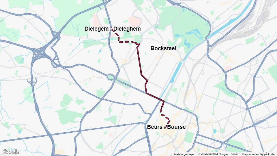 Bruxelles sporvognslinje 88: Dielegem / Dieleghem - Beurs / Bourse linjekort