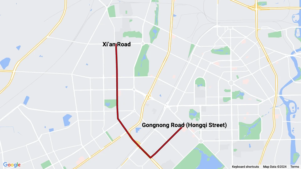 Changchun sporvognslinje 54: Xi'an Road - Gongnong Road (Hongqi Street) linjekort