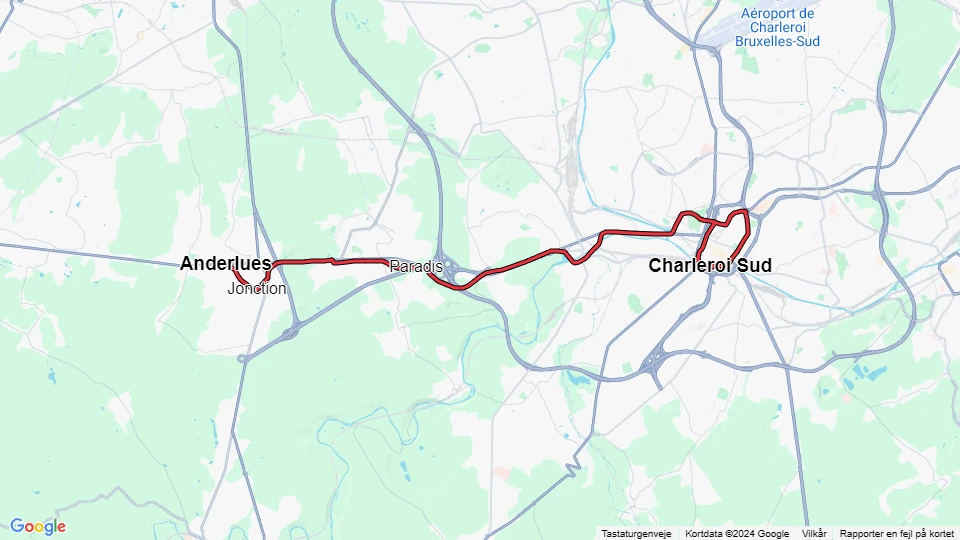 Charleroi sporvognslinje M1: Anderlues - Charleroi Sud linjekort