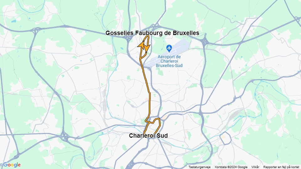 Charleroi sporvognslinje M3: Charleroi Sud - Gosselies Faubourg de Bruxelles linjekort