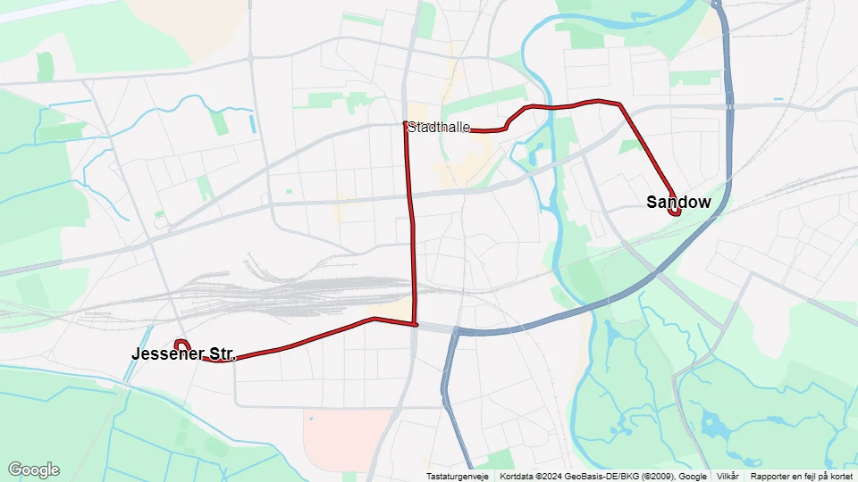 Cottbus sporvognslinje 2: Sandow - Jessener Str. linjekort