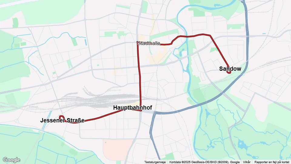 Cottbus sporvognslinje 2: Sandow - Jessener Straße linjekort