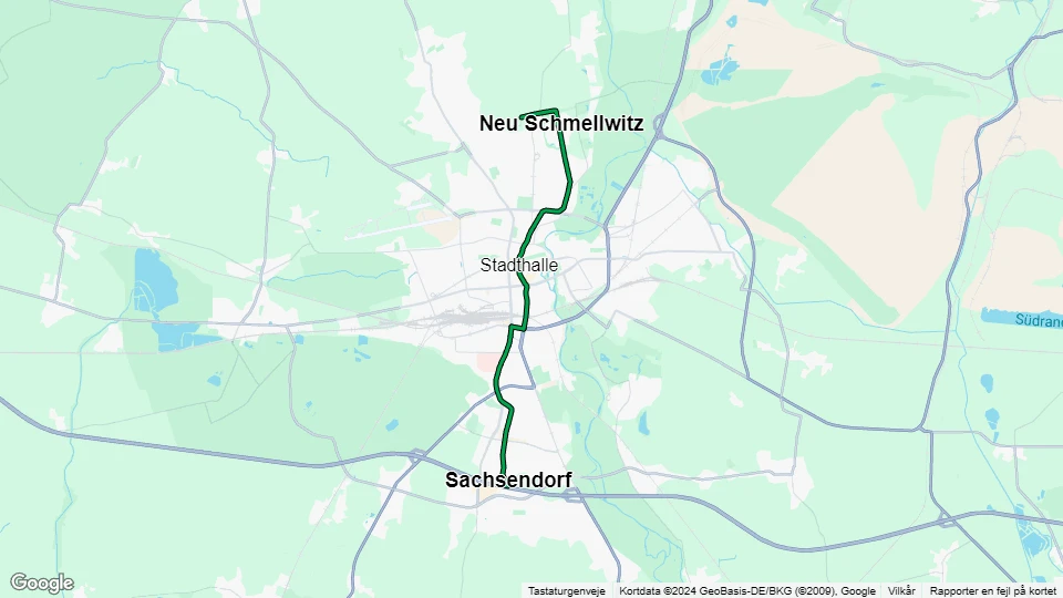 Cottbus sporvognslinje 4: Betriebshof Schmellwitz - Sachsendorf linjekort