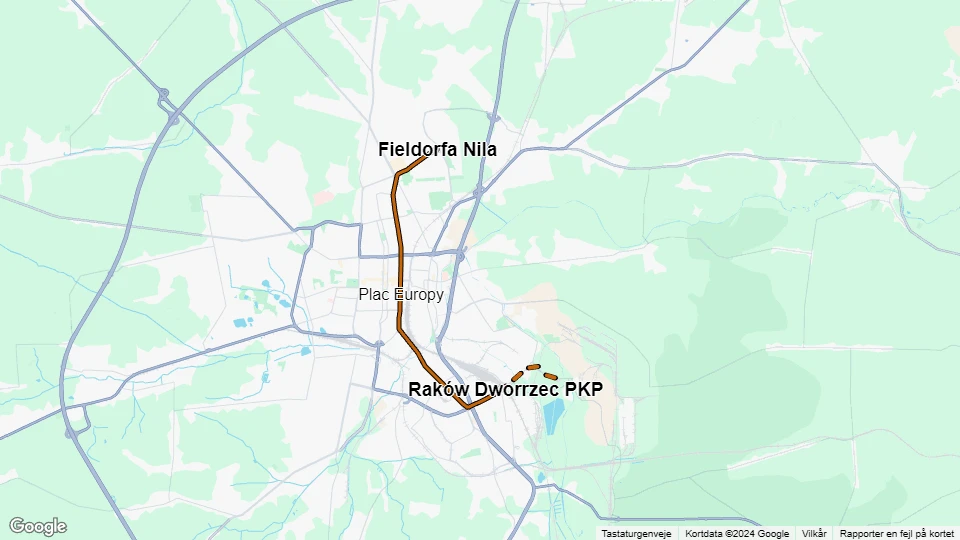 Częstochowa sporvognslinje 1: Fieldorfa Nila - Kucelin Szpital linjekort