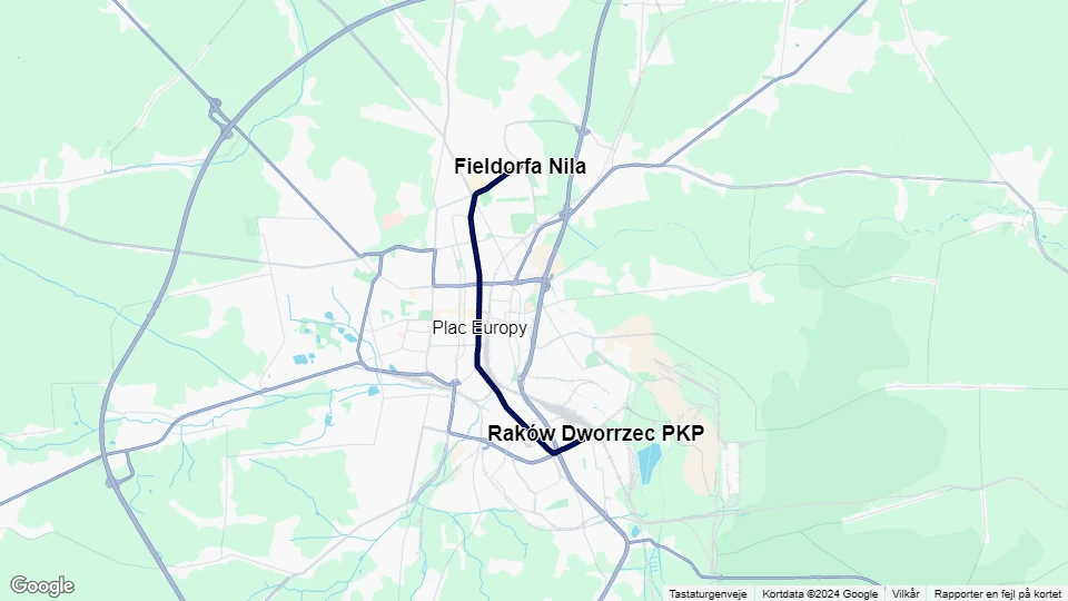Częstochowa sporvognslinje 2: Fieldorfa Nila - Raków Dworrzec PKP linjekort