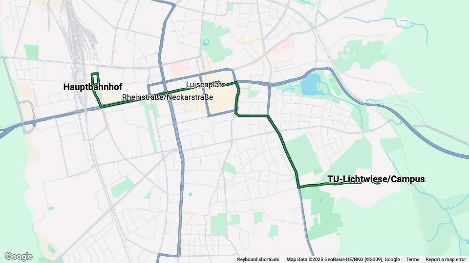 Darmstadt ekstralinje 2: Hauptbahnhof - TU-Lichtwiese/Campus linjekort