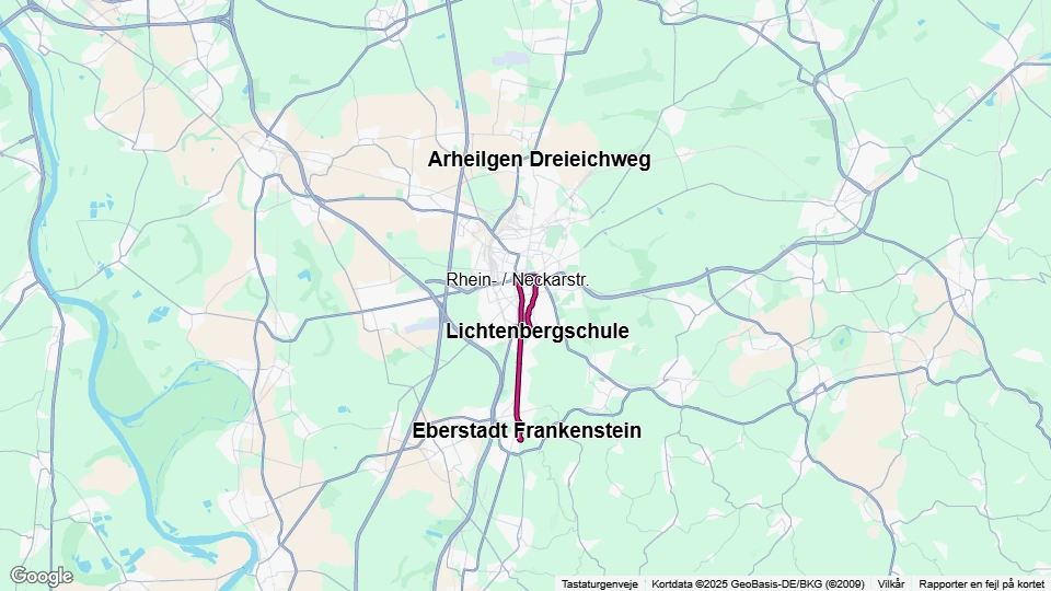 Darmstadt sporvognslinje 7: Lichtenbergschule - Eberstadt Frankenstein linjekort