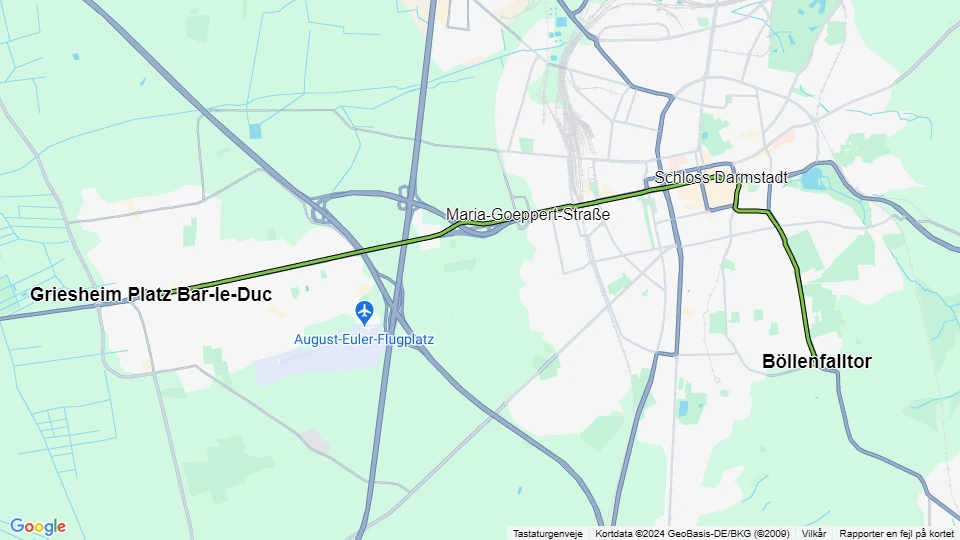 Darmstadt sporvognslinje 9: Böllenfalltor - Griesheim Platz Bar-le-Duc linjekort