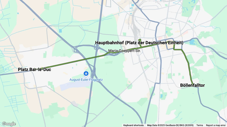 Darmstadt sporvognslinje 9: Böllenfalltor - Platz Bar-le-Duc linjekort